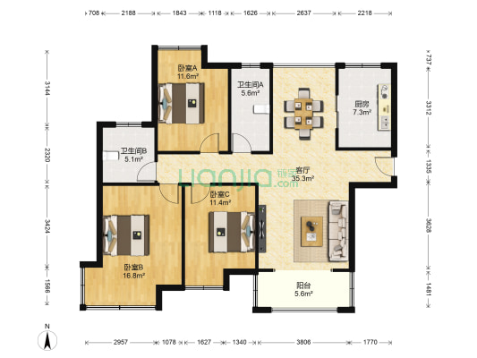 蓝岸丽舍 3室1厅2卫 133平方