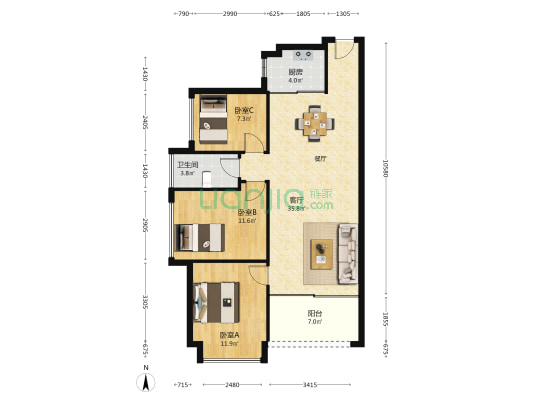 美平豪庭 3室1厅1卫 90平方
