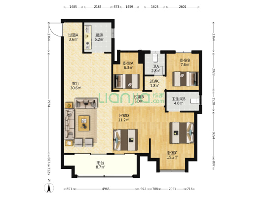 联投越秀星汇城星澜 4室1厅2卫 132平方