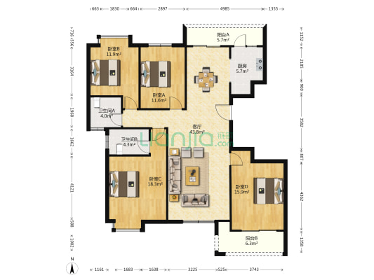 东城江南 4室1厅2卫 156平方