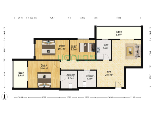 升龙城5号院 3室1厅2卫 117平方