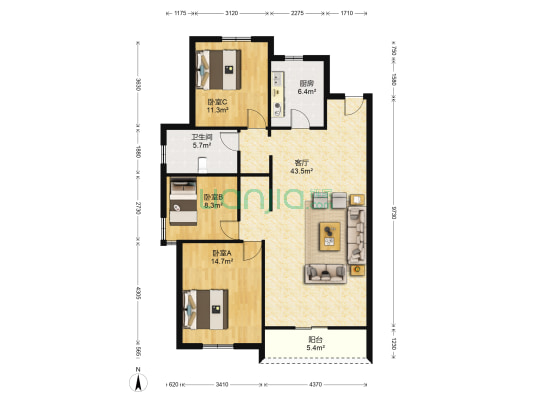 华润凯旋门 3室1厅1卫 123平方