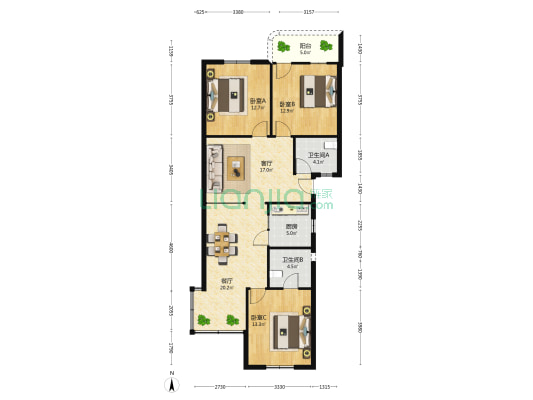 医药化工综合楼 3室2厅2卫 117平方