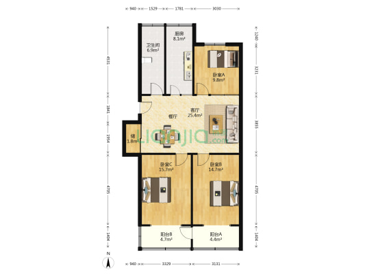 滨江花园 3室1厅1卫 103平方