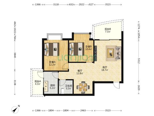 中华雅苑 2室2厅1卫 91平方