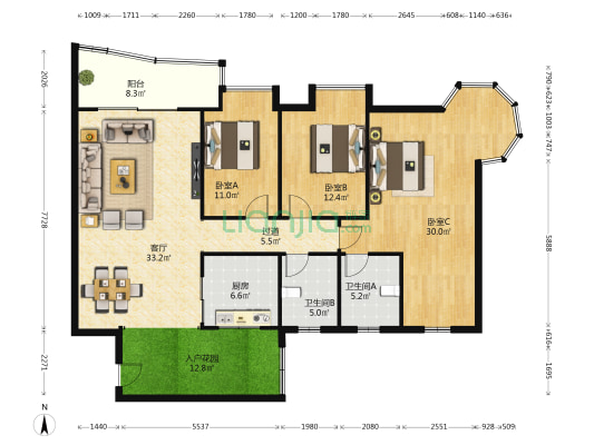 泽峰花园 3室1厅2卫 144平方
