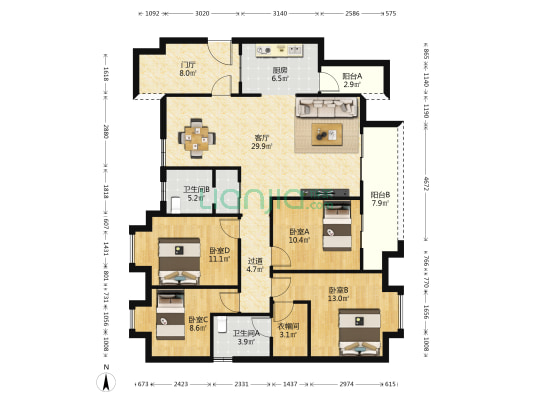 万州世茂云著滨江 4室1厅2卫 135平方