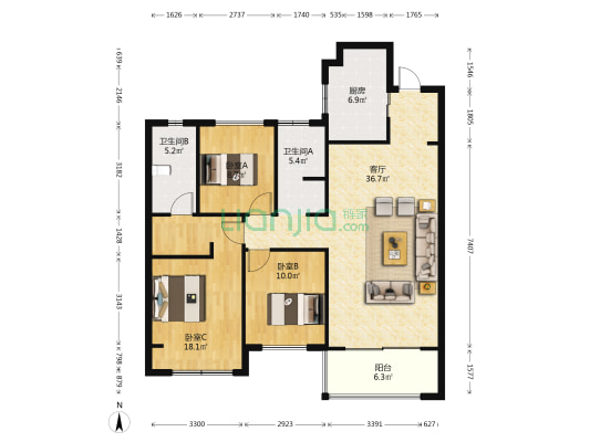 世茂璀璨明樾 3室1厅2卫 119平方