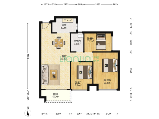海伦时光 3室1厅1卫 91平方