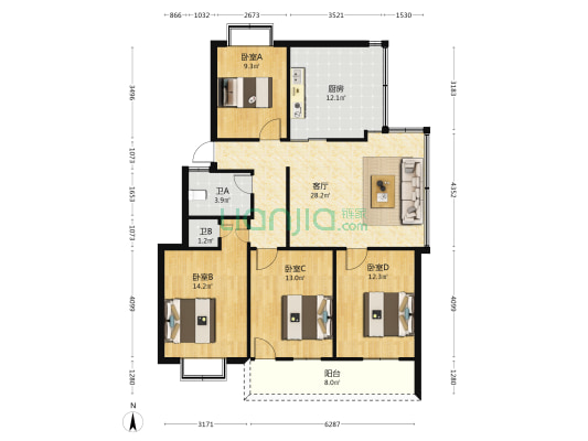 六一南路79号 4室1厅2卫 85平方