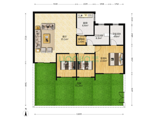 毕架山花园 3室1厅2卫 95平方
