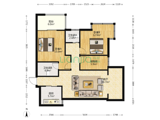 上东城东区 2室1厅2卫 110平方