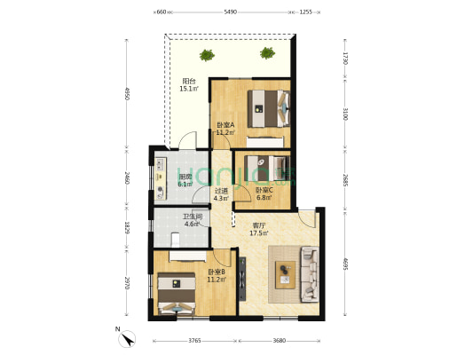 金银花园 3室1厅1卫 84平方