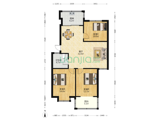 洞桥明苑东区 3室1厅1卫 100平方