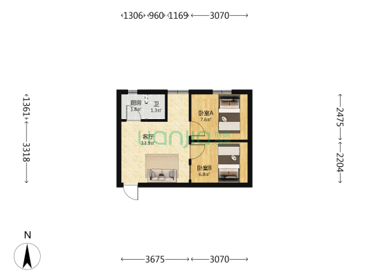 桥中花园 2室1厅1卫 42平方
