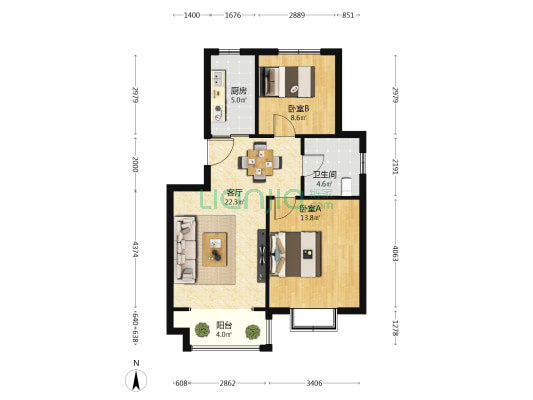 杏杭社区 2室1厅1卫 76平方