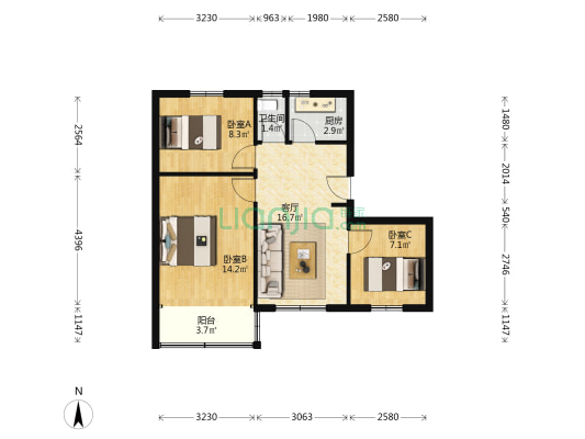 大庆路 3室1厅1卫 67平方