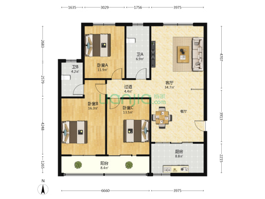金地苑 3室1厅2卫 130平方