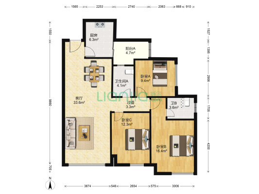 巨龙江山国际三期 3室1厅2卫 108平方
