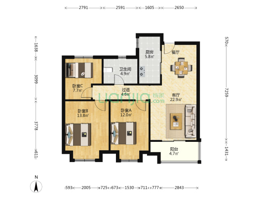 天汇龙城龙华苑 3室1厅1卫 102平方