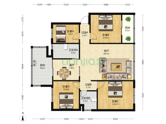 邮运小区 4室2厅2卫 110平方