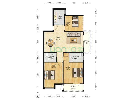 达明阁 3室1厅2卫 107平方