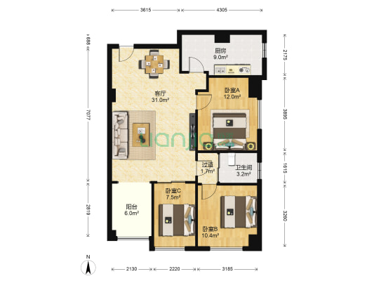 盛龙广场2号地 3室1厅1卫 109平方