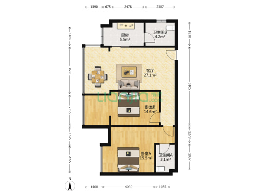 齐盛艺境 2室1厅2卫 93平方