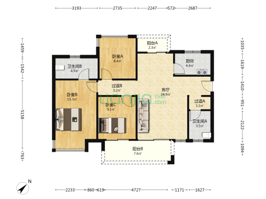 万达公园里1期 3室1厅2卫 106平方