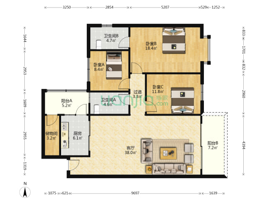 置信花园 3室1厅2卫 131平方