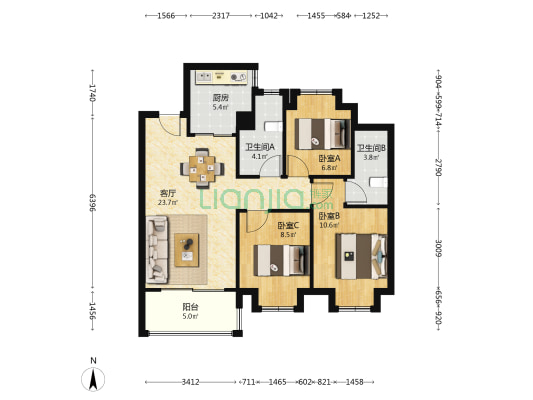 中国中铁诺德璟宸 3室1厅2卫 89平方