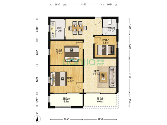 万通大厦 3室1厅1卫 97平方