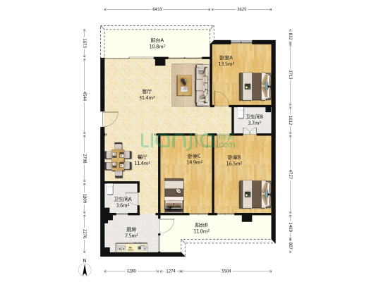 金岸花苑 3室2厅2卫 127平方
