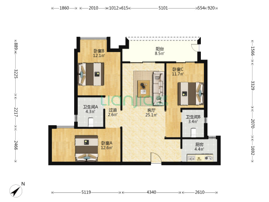 福星惠誉星誉国际育才里 3室1厅2卫 121平方