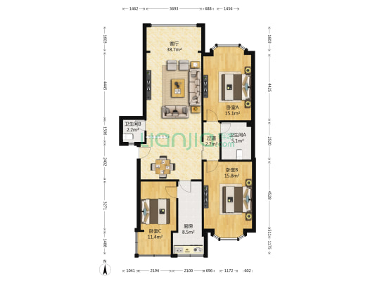 新华商住楼 3室1厅2卫 109平方