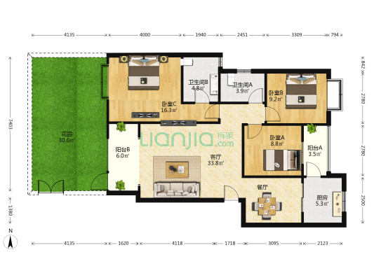 花样年华常青藤 3室1厅2卫 107平方