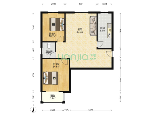 双塔区 南北通透大两居 毛坯可随意装修-户型图