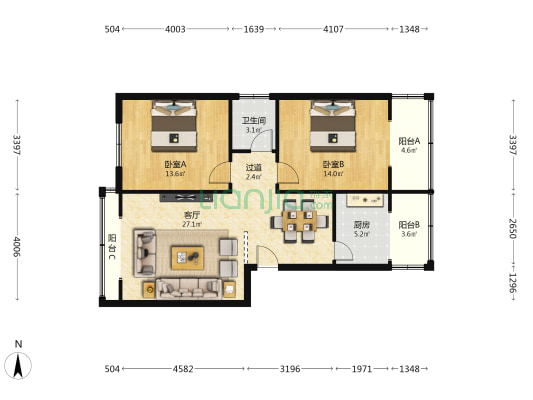 富康庭苑 2室1厅1卫 87平方