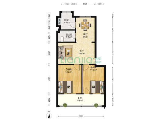 湖南钢球厂单位房 2室2厅1卫 76平方