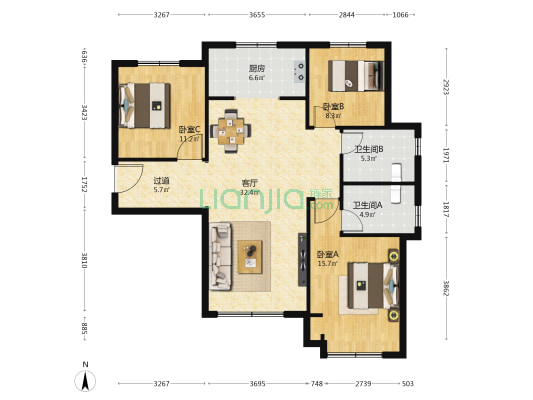 保利汇丰苑 3室1厅2卫 122平方