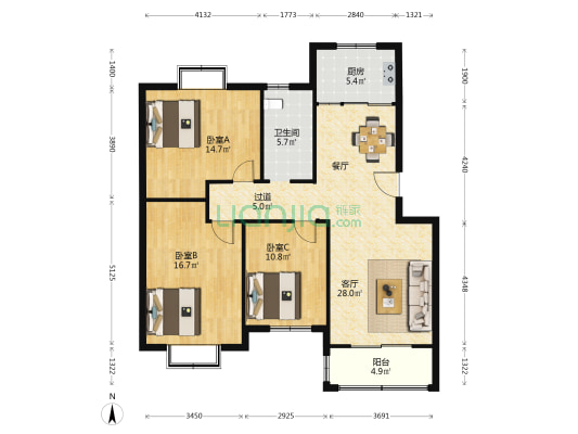 新城明珠尊园 3室1厅1卫 114平方