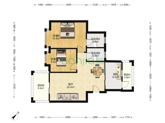 星港湾城市绿洲 2室1厅2卫 89平方