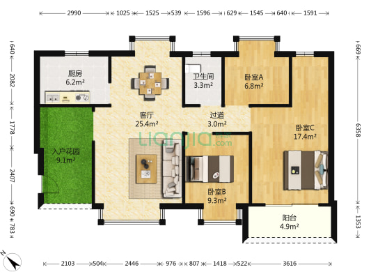 大岗翡翠蓝湾北区 3室1厅1卫 96平方