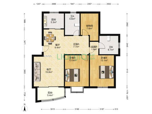 东方新家园北一区 2室2厅2卫 111平方