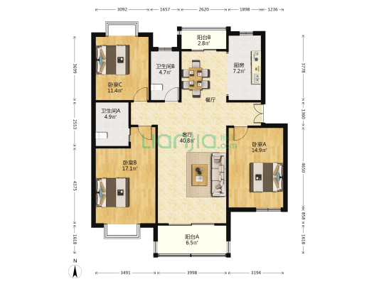 四季晶园 3室1厅2卫 139平方