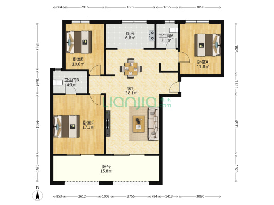 高新尚品 3室1厅2卫 136平方