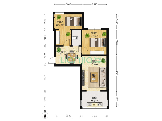 后新街51号 2室2厅1卫 44平方