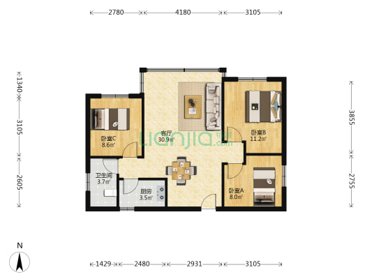 花都紫荆苑 3室1厅1卫 81平方