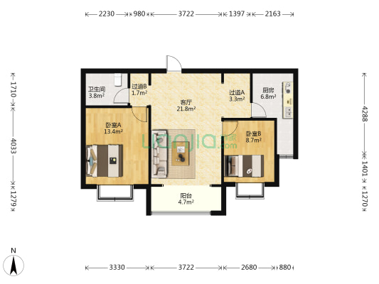 北大锦城 2室1厅1卫 97平方