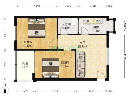 关公社区 2室1厅1卫 65平方